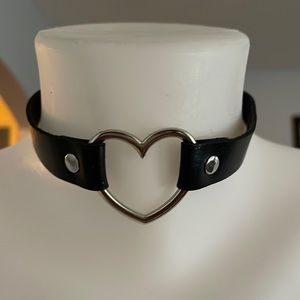 Black faux leather with silver heart choker
